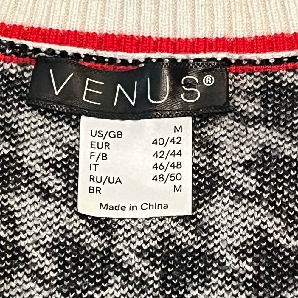 VENUS Houndstooth Black & White Red Trim Oversized Sweater Retro Cardigan size M - Picture 2 of 7